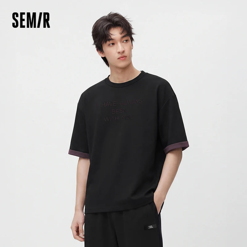 Semir Men Tshirt Minimalist Letter Embroidered Knit Color Block Reversible Loose Crew Neck 2026 Summer Top