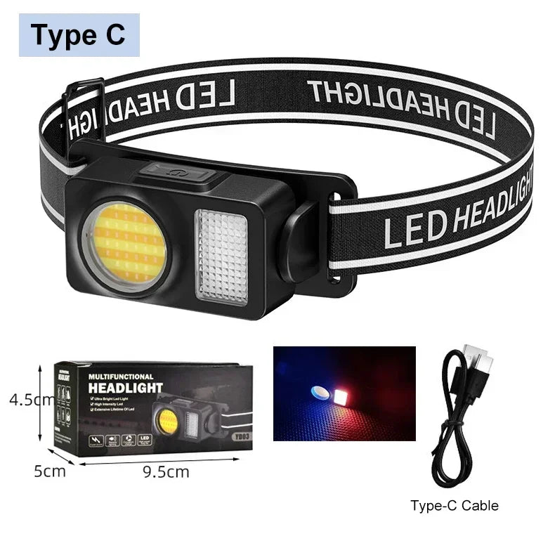 ភ្លើងមុខ COB LED ដ៏មានអានុភាពខ្លាំង ប្រើ USB ទៅ Type-C សាកថ្មបាន ពិលក្បាល ពិលភ្លើងមុខ សម្រាប់នេសាទ បោះតង់