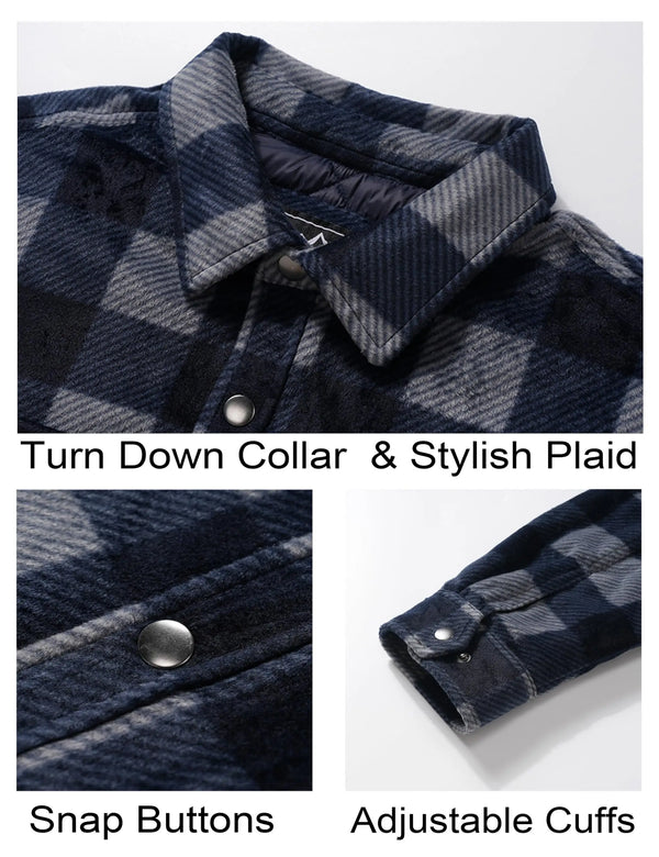 TACVASEN Men's  Quilted Lined Plaid Flannel Jacket Winter Shirt Long Sleeve Button Casual Thickened Coat with 5 Pockets Outwear