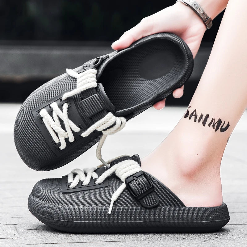 Men's breathable slip on casual slippers summer soft-sole anti-slip outdoor walking slippers fashion youth sports semi-slippers