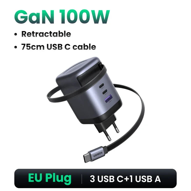 UGREEN 100W GaN Charger With Retractable USB C Cable UFCS PPS For Laptop Macbook Pro iPad Tablet iPhone Samsung PD Fast Charger