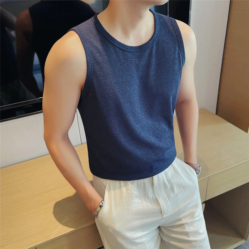 Men's Two-Tone Linen Blend Knit Tank Top – Summer Breathable Textured Sleeveless Vest for Fitness & Casual Wear