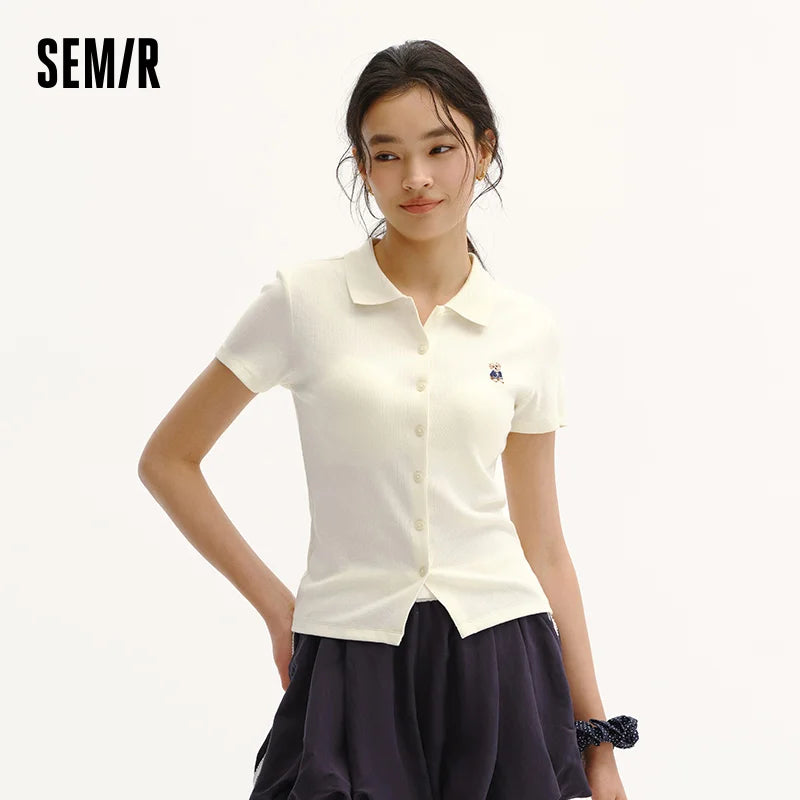 Semir Women Polo Shirt Puppy Embroidery Slim Straight Shoulder Summer 2026 Minimal Cardigan Style Casual Fashion Top