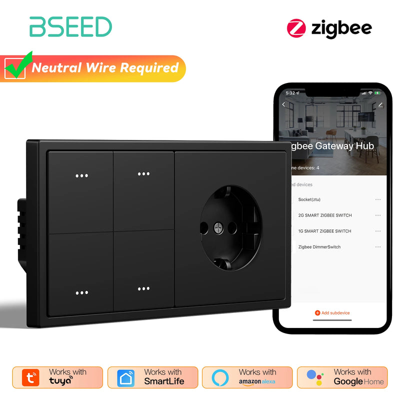 BSEED Zigbee Click Switch 1/2/3/4Gang Smart Button Light Switch With EU Power Socket Plastic Frame Tuya Smart Life Alexa Control