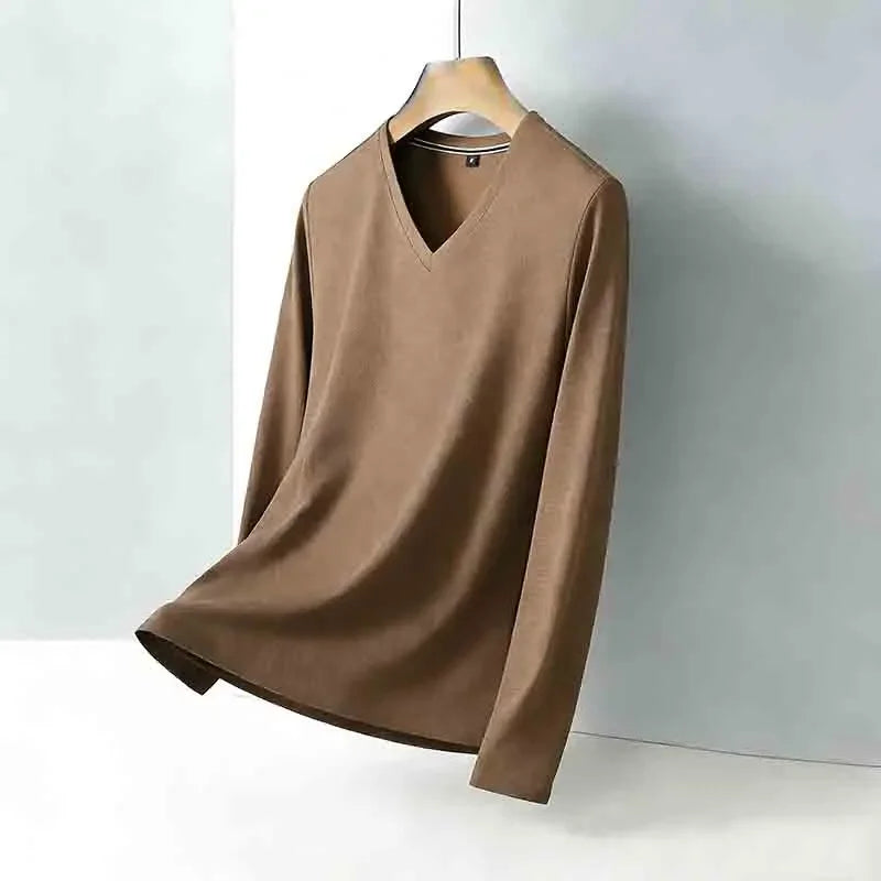 Men's Tan V-neck Long Sleeve Knit Top Classic Solid Color Everyday Outfit for All Ages