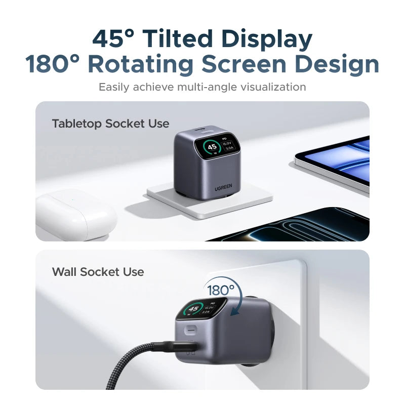 UGREEN 45W GaN Charger With Smart Display PD3.2 AVS PPS UFCS For iPhone 18 17 Pro Max Samsung S26 Macbook iPad Air Xiaomi Tablet