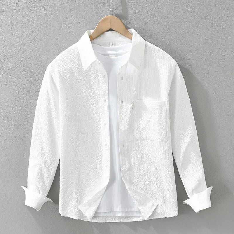 Unisex 100% Cotton Textured Shirt Outdoor Men Women Minimalist Thin Long Sleeve Loose Casual Tops Fashion Clothing