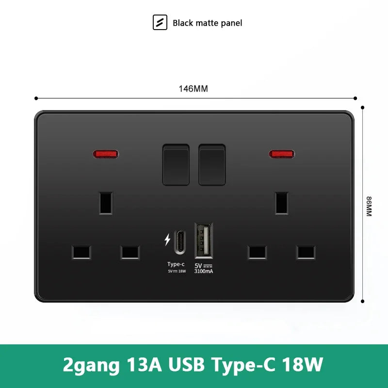 Universal 18W Fast Type C Wall 220V Power Outlet Plug, UK Black 13A Socket Switch, Electrical Wall Socket Panel with USB Charger