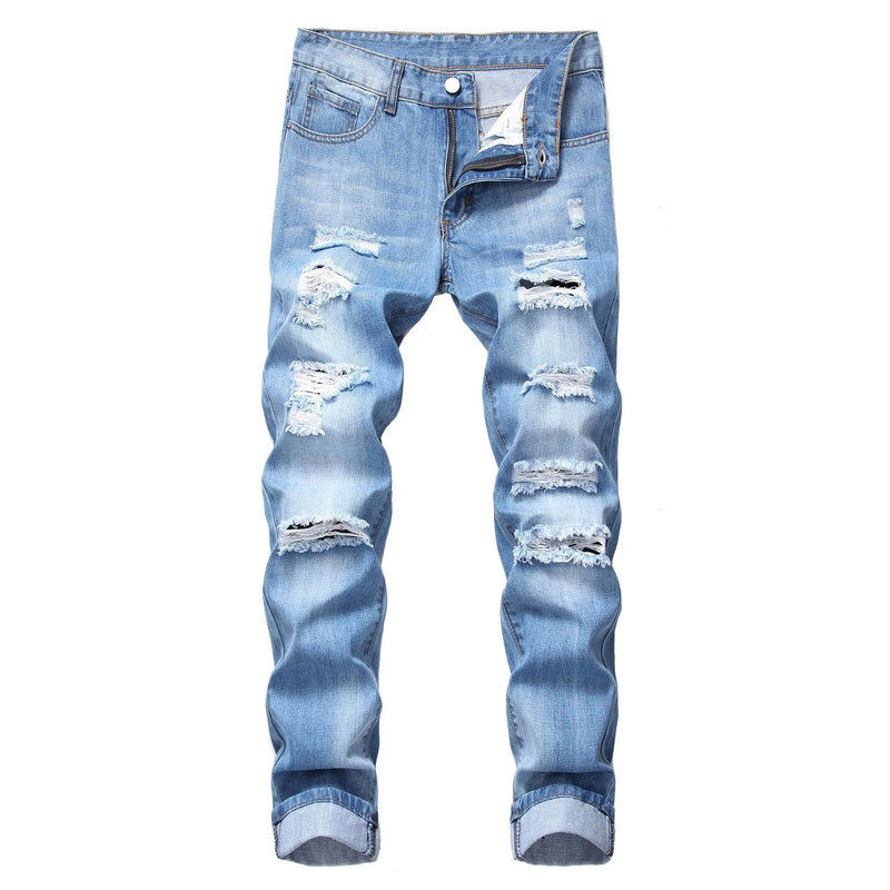 New Spring 2027 Men's Ripped Jeans, Blue Denim Pants for Summer and Fall, Asian Sizes 28–42.