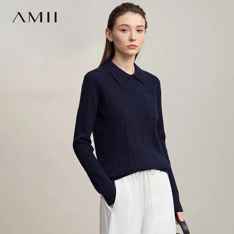 AMI Women's Sweater 2026 Autumn New Retro Solid Color Elegant Sweaters Ladies Versatile Long Sleeves Tops for Ladies 12543205