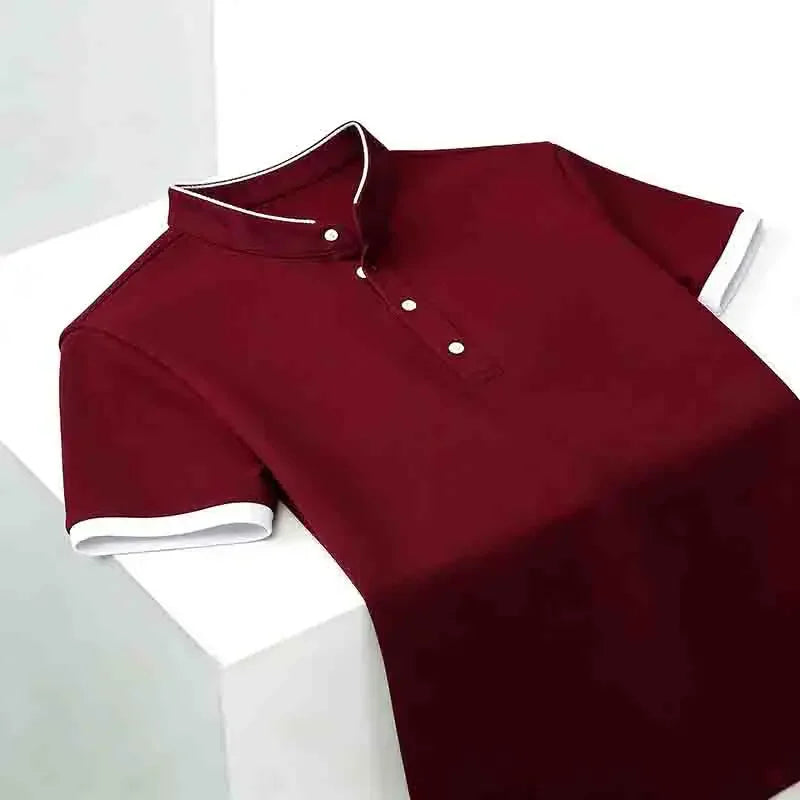 Men's Solid Black Stand Collar Short Sleeve Polo Shirt Half Button Pocket-free Casual Business Tee