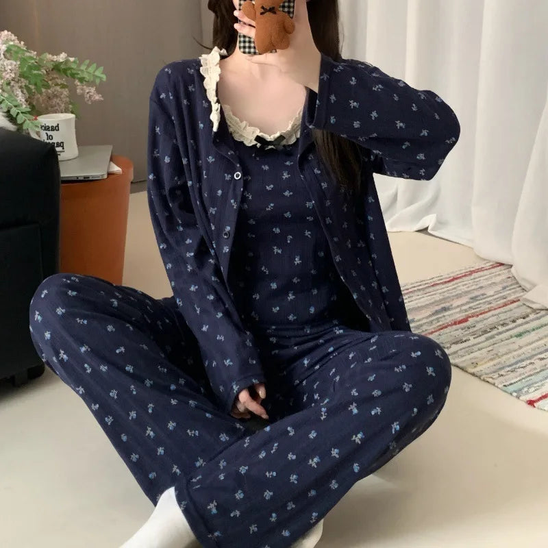 Floral Three-piece Ladies Set Pajama Chest Pads Pijama Spring Autumn Long Sleeve Home Wear Nightwear Woman Pyjamas Sleepwear