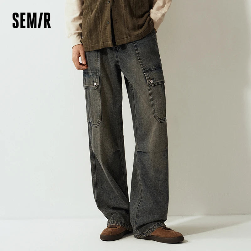 Semir Jeans Men Loose Wide Leg Cargo Pants Retro Distressed Big Pocket 2025 Winter New Long Pants Men'S Clothing