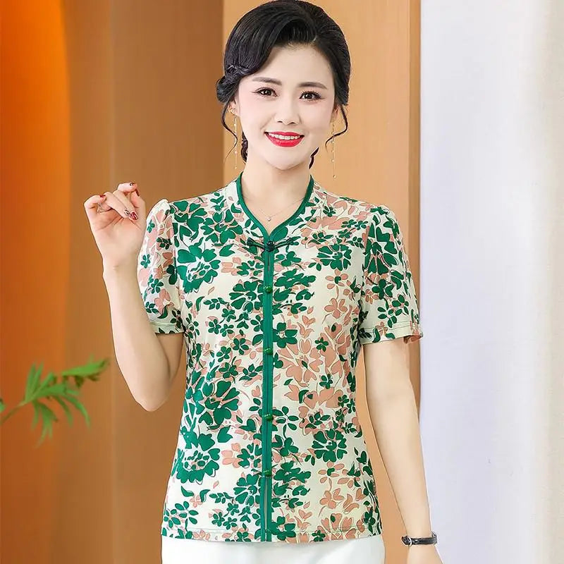 អាវយឺតដៃខ្លីបោះពុម្ពម៉ូដសម្រាប់នារីរដូវក្តៅធម្មតា កអាវឈីប៉ាវបែបវីនថេច សម្រាប់សម្លៀកបំពាក់នារី
