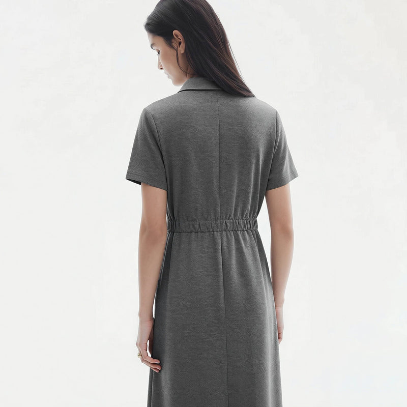 Amii Dress Woman 2026 Summer New Embroidered Lapel Collar Half Placket Elastic Waist Short Sleeve Midi Dress For Women 12642045