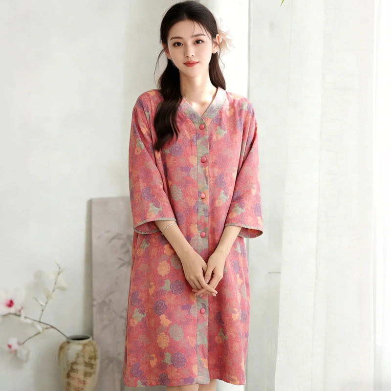 Floral Women's Nightgown New Spring Autumn New Pajamas Dress Nightwear for Woman Sleepwear Pure Cotton Loose Homewear Dress