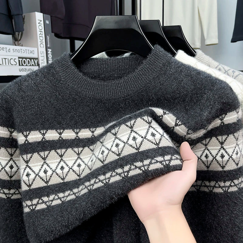 High Quality Man Long Sleeved Knitted Sweater Crew Neck Stripes Color Blocking Geometric Pattern Autumn Winter Leisure Pullover