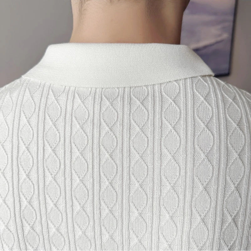 New Slim-Fit Jacquard Knitted Short-Sleeved Polo Shirt for Men's Fashion Lapel Golf Shirt