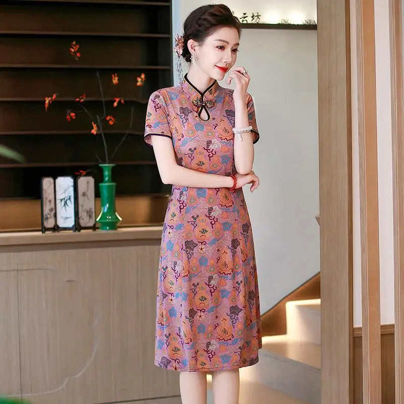 រ៉ូប Cheongsam រដូវក្តៅ កអាវផ្កាបាក់ សម្លៀកបំពាក់នារី រ៉ូបចង្កេះរាងអក្សរ A បែបចិនបុរាណ