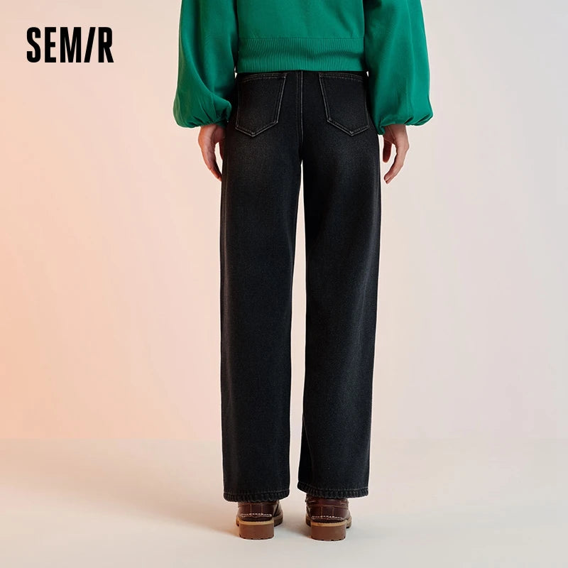 Semir Wide Leg Jeans Loose Fit Fleece Lined Women 2025 Winter Retro Style Casual Fashion Long Denim Comfortable Pants