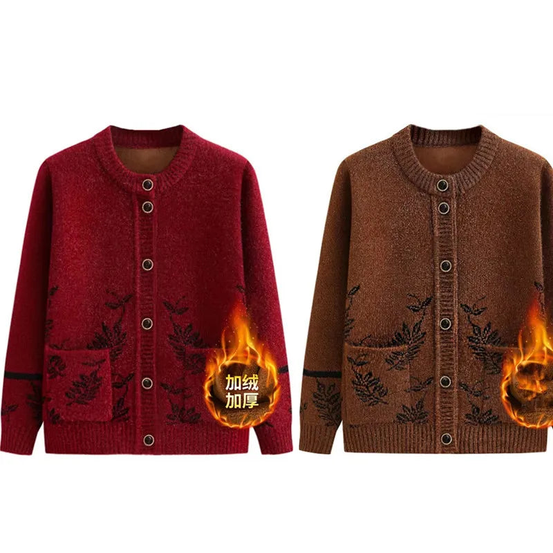New Middle-Aged Elderly Women's Sweater Spring Autumn Cardigan Velvet Thicken Mother Knitted Top Grandma Winter Warm Coat