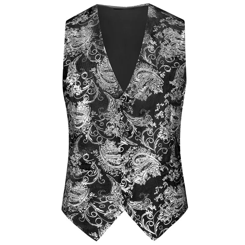 Men's Gold Printed Sleeveless Suit Vest, Red Single Breasted V-Neck Waistcoat, Wedding Party Vests, Asian Size M-6XL