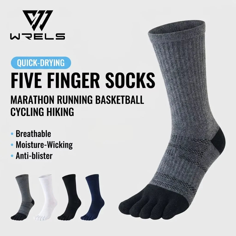 WRELS 1/5 Pairs Compression Five-Toe Socks Breathable Sports Toe Socks Women Men Cushioned Moisture-Wicking Running Crew Socks