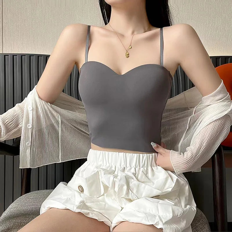 Sexy Hollow Back Three Cross Suspenders Integrated Steel-free Underwear Slim-fit Chest Pad Vest Women One Piece Pajamas Top