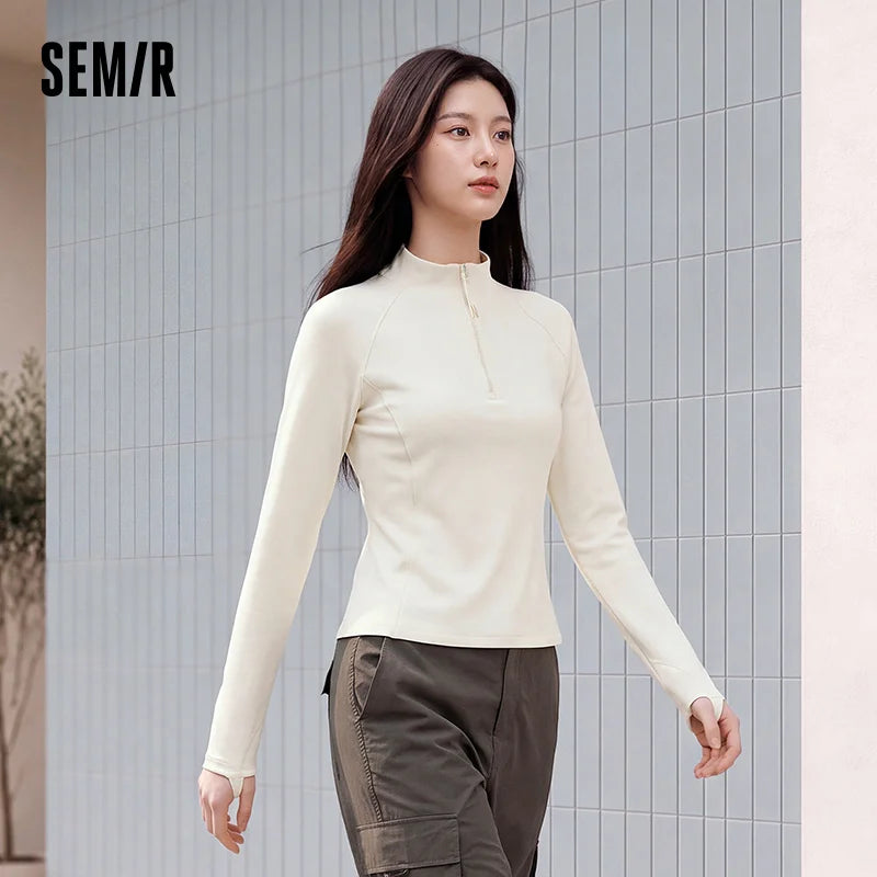 អាវយឺតប៉ាក់ Semir សម្រាប់នារី ពាក់កណ្ដាលមានហ្ស៊ីប ក កម្ដៅ ស្ដើងសម ដៃអាវ Raglan រចនាបន្ទះ 2026 សម្លៀកបំពាក់រដូវរងាថ្មីប្រចាំថ្ងៃ