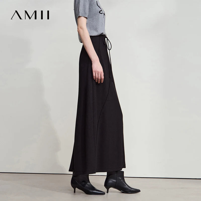 AMII 2026 Women‘s Autumn Casual Skirts Solid Strap Style Drawstring Minimalism Long A-LINE Skirts Female Clothing 12523084