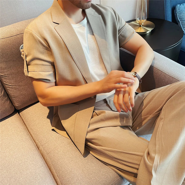 Men's Imitation Linen Short-Sleeve Suit Set – Lightweight Blazer & Wide-Leg Trousers for Summer Business & Casual Wear
