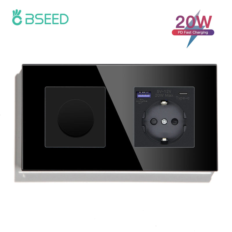 BSEED Mechanical Dimmer Light Switch Plus EU Socket USB Type-C Port Power Outlet Led Dimmable Switch Glass Frame 10A