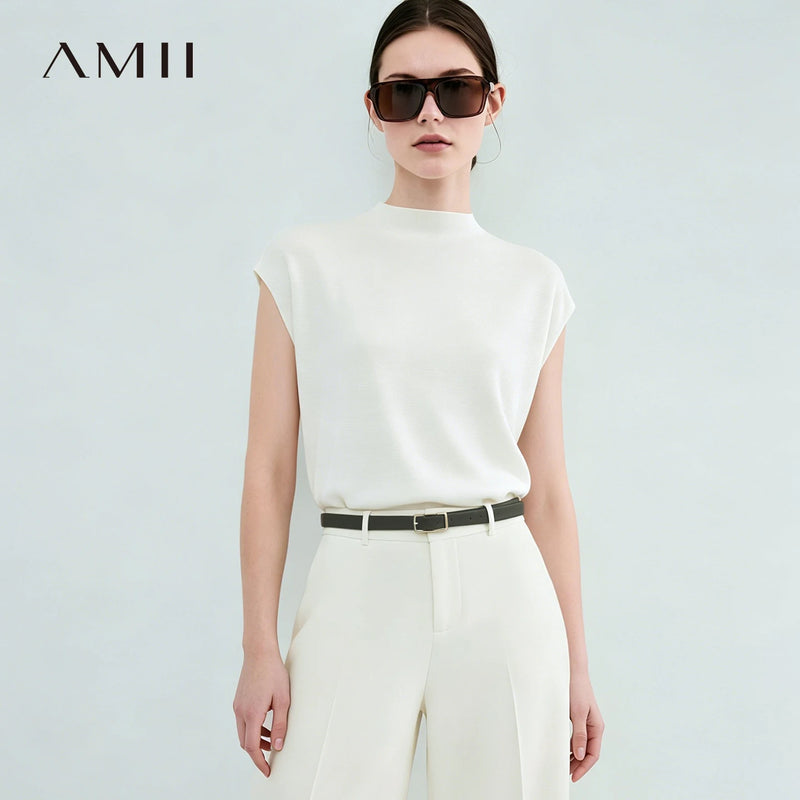Amii Women's T-shirt 2026 Summer New Mock Neck Acetate Stretch Dolman Sleeve Basic Versatile Casual Women's Tee Shirt 12622223