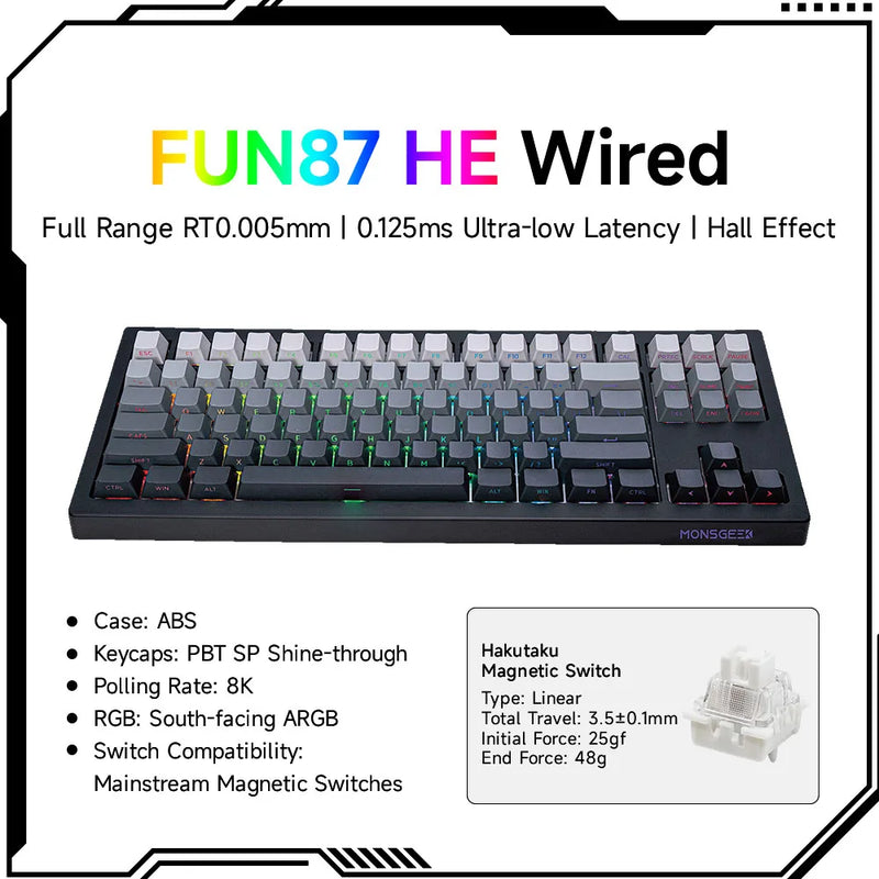 Akko x Monsgeek FUN87 HE Magnetic Keyboard 88 Keys 80% TKL Layout ARGB RT0.005mm 8K USB Wired Custom Gaming Mechanical Keyboard