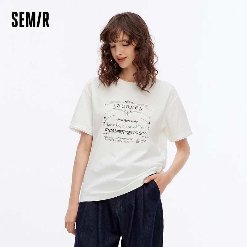 Semir Womens Tshirt 2026 Letter Printed Loose Lace Hem Fashion Trendy Casual Soft Daily