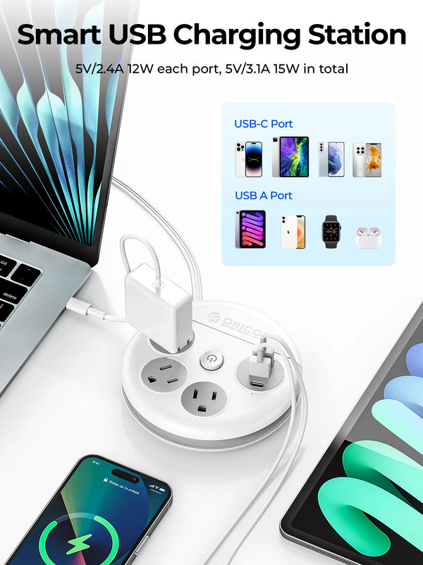 ORICO Power Strip Travel Adapter Smart US Plug Multiple Extension Socket with 2 USB Ports Type C Fast Charge for Travel Office