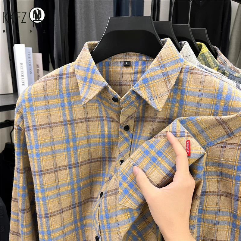 Fashion Check Pattern Men Long Sleeve Shirt Classic Lapel Design Versatile Matching Layer Outfit Street Casual Shirt