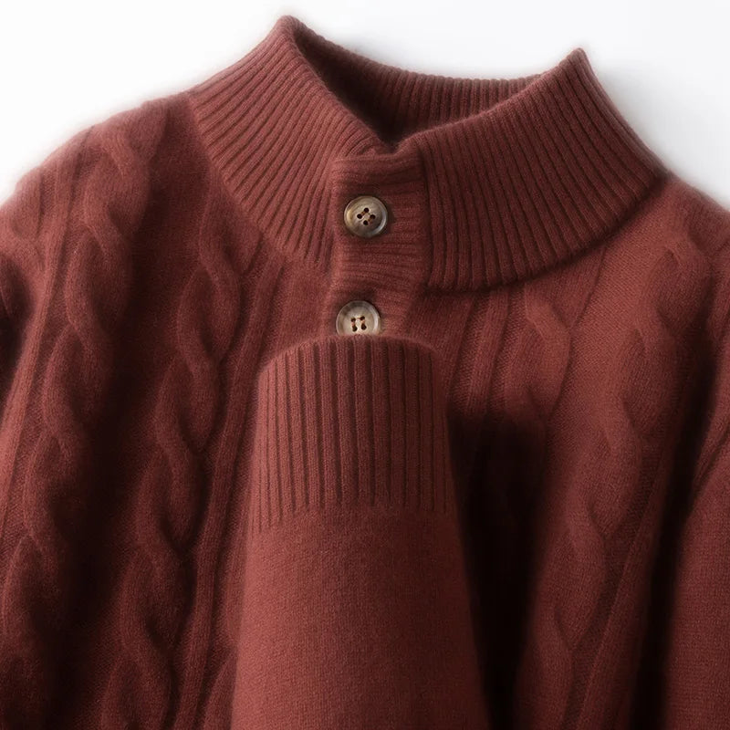 470g Premium Cashmere Blend Sweater Men's, 95.5% Sheep's Wool, 4.5% Cashmere Thickened, High-Neck Button Design, 3 Colors