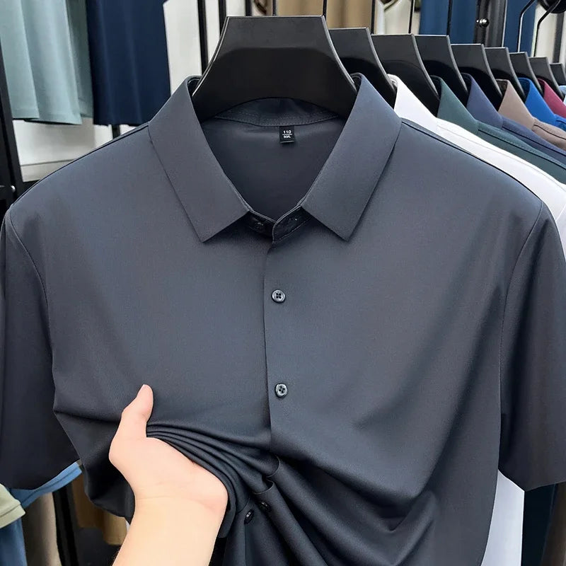 Men Short Sleeve Button Up Shirt Casual Ice Silk Business Formal Shirt Breathable Wrinkle Free Summer Top