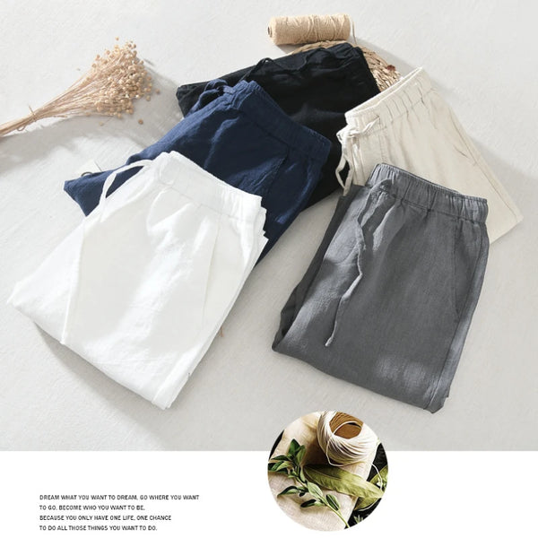 Summer Casual Ramie Cotton Ankle-length Pants for Men Clothing Simple Drawstring Thin Streetwear Male Trousers BL8226