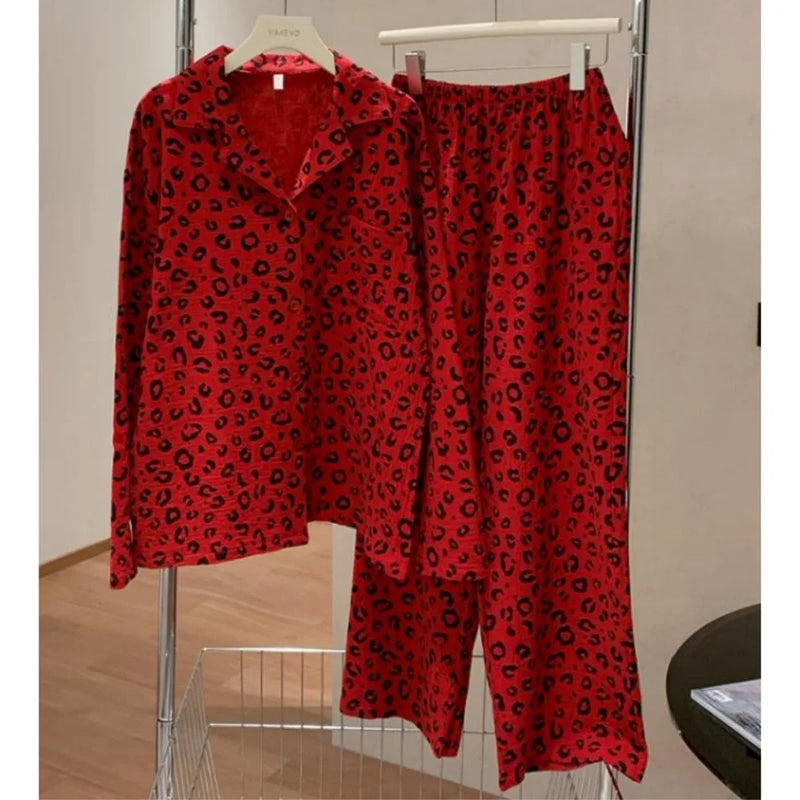 Leopard Print Cotton Pajamas Woman Sleepwear Home Wear Spring Autumn Long Sleeve Nightwear Women's 2-piece Sets Pijama Pyjamas