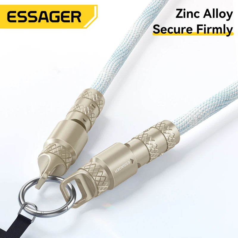ខ្សែសាកទិន្នន័យ Essager 2 in 1 60W USB-C ទៅ Type-C Lanyard Data Cable 3A PD សាកលឿនសម្រាប់ iPhone 16 15 Samsung Huawei Laptop ខ្សែសាកប្រឆាំងការបាត់