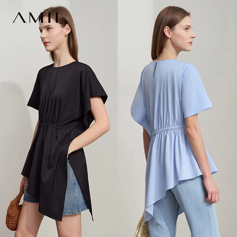 AMII Minimalist Summer T-shirts Women 2026 New Round Neck Short Sleeve Solid Loose Shirt Female Fashion Irregular Tops 12542097