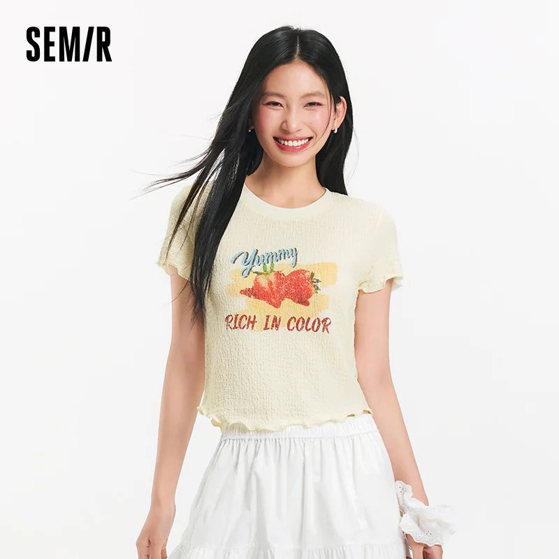 Semir Women Fruit Print T-Shirt Ruffle Hem Textured Slim Fit 2025 Summer Soft Aesthetic