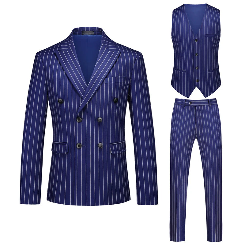 Men's Black-White Striped Plaid Suit 3-Piece, Wedding Party Dress Jacket and Vest with Trousers, Asian Sizes Red Slim Fit Sets.