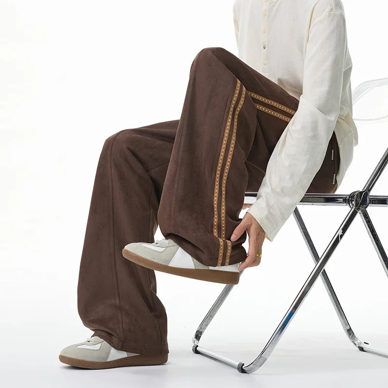 Men Casual Sporty Straight Pants Elastic Drawstring Waist Side Tape Detail Loose Wide Leg Daily Street Garment