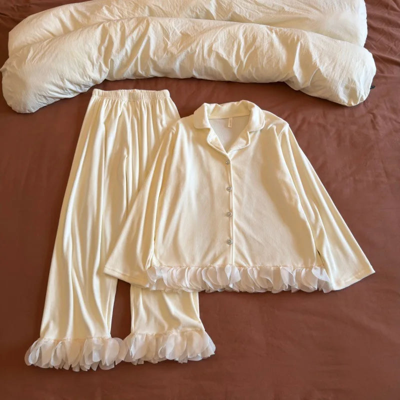 Double-sided Velvet Women Pajama Spring Autumn Winter Warm Long-sleeved Lace Soft Chest Pad Sleepwear Set Women's Home Clothes