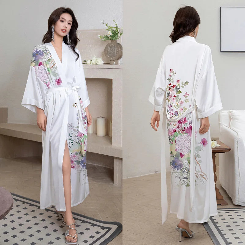 Women Ice Silk Rayon Home Dress Black Print Flower Long Robe Nightgown Spring Summer Half Sleeve Kimono Bathrobe Gown