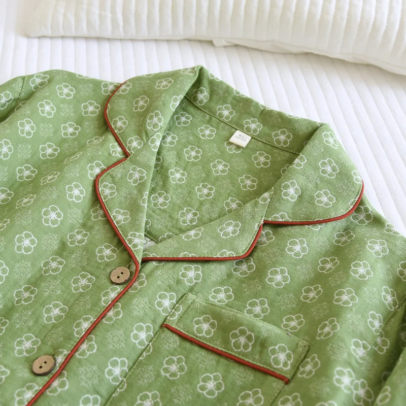 Spring Autumn Long-sleeved Home Suit Pjs Woman Set Lapel Pajamas Sleepwear Women's Cotton Floral Night Wear for Ladies Pijama