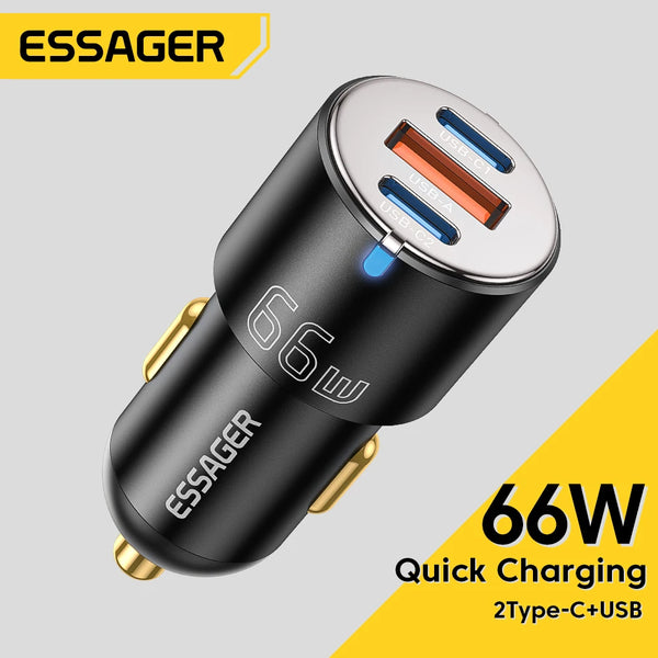 Essager 66W Car Charger Fast Charging Quick Charger QC PD 3.0 For iPhone 14 Type C USB Car Charger For Huawei Samsung